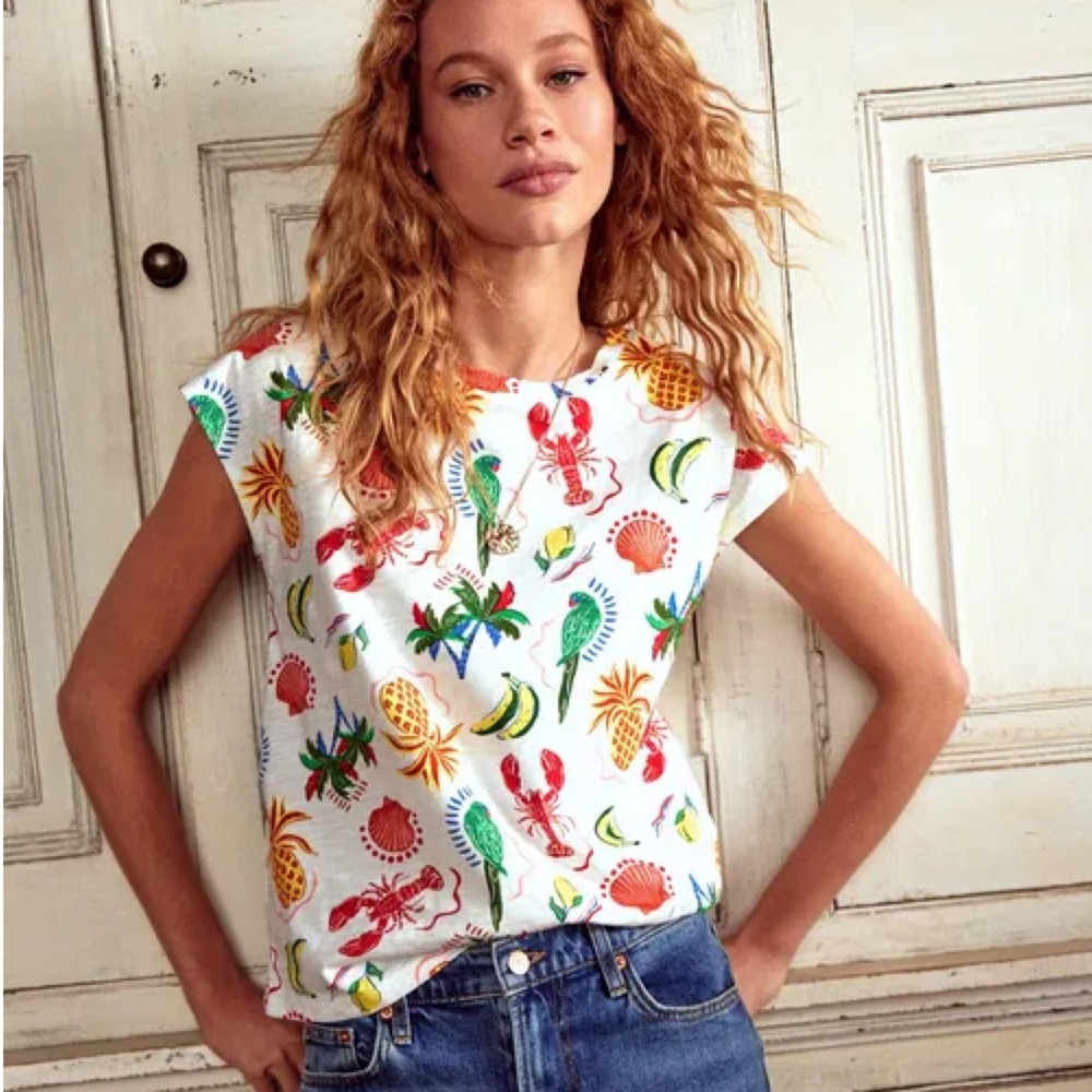 BODEN Louisa Slub T-Shirt Boxy Tropical Lobster Parrot Print L NWT Beach Tee